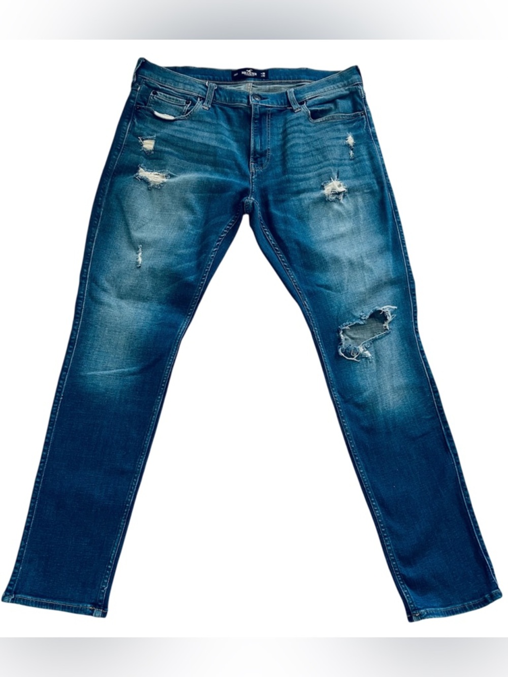 Hollister Jeans Mens 36 X 32 Blue Skinny Advanced Stretch Distressed Mid Rise